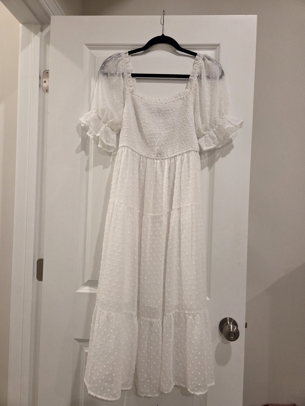 White Swiss Dot Puff-Sleeve MED Midi Dress